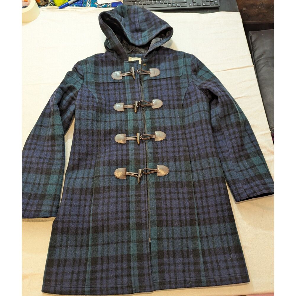 L.L.Bean Italian Wool Toggle / Duffle Coat Womens 10 Black Watch Plaid Hooded